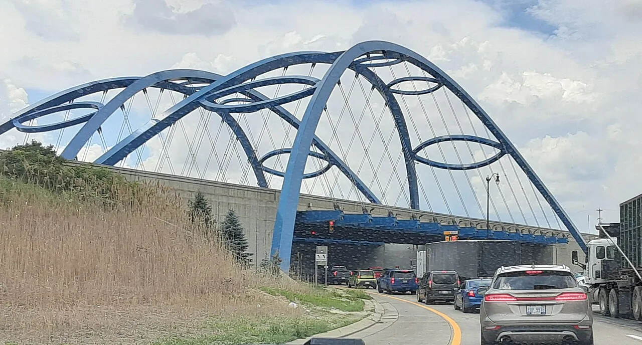 Gateway Bridge in Taylor, Michigan as seen from exiting off westbound I-94 and merging into US 24 (Telegraph Road) southbound