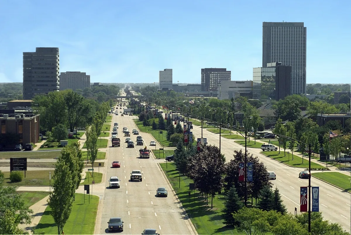 View of Big Beaver Road (16 Mile Road) looking east in Troy, Michigan, United States near the city's core