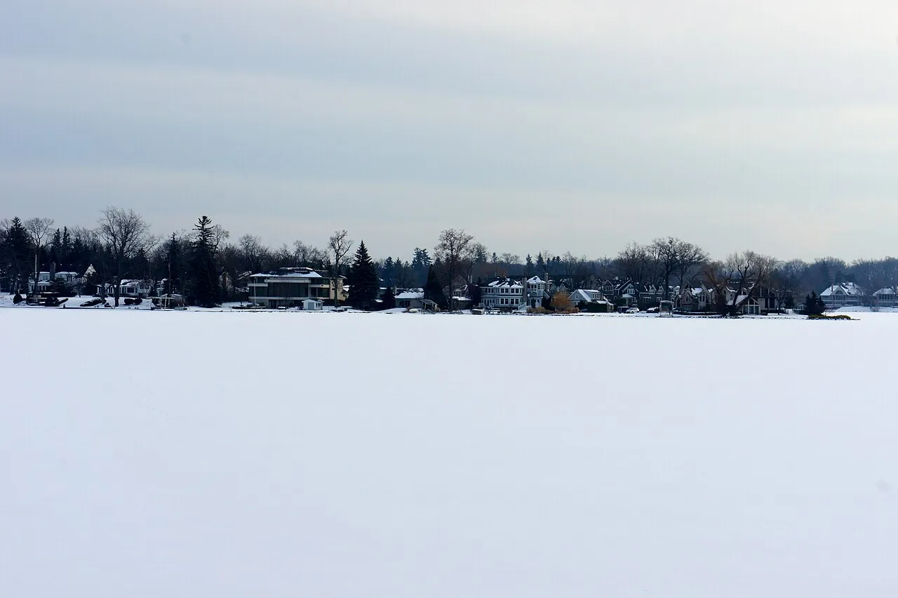 A view of Pine Lake in West Bloomfield Township, Michigan in the winter.