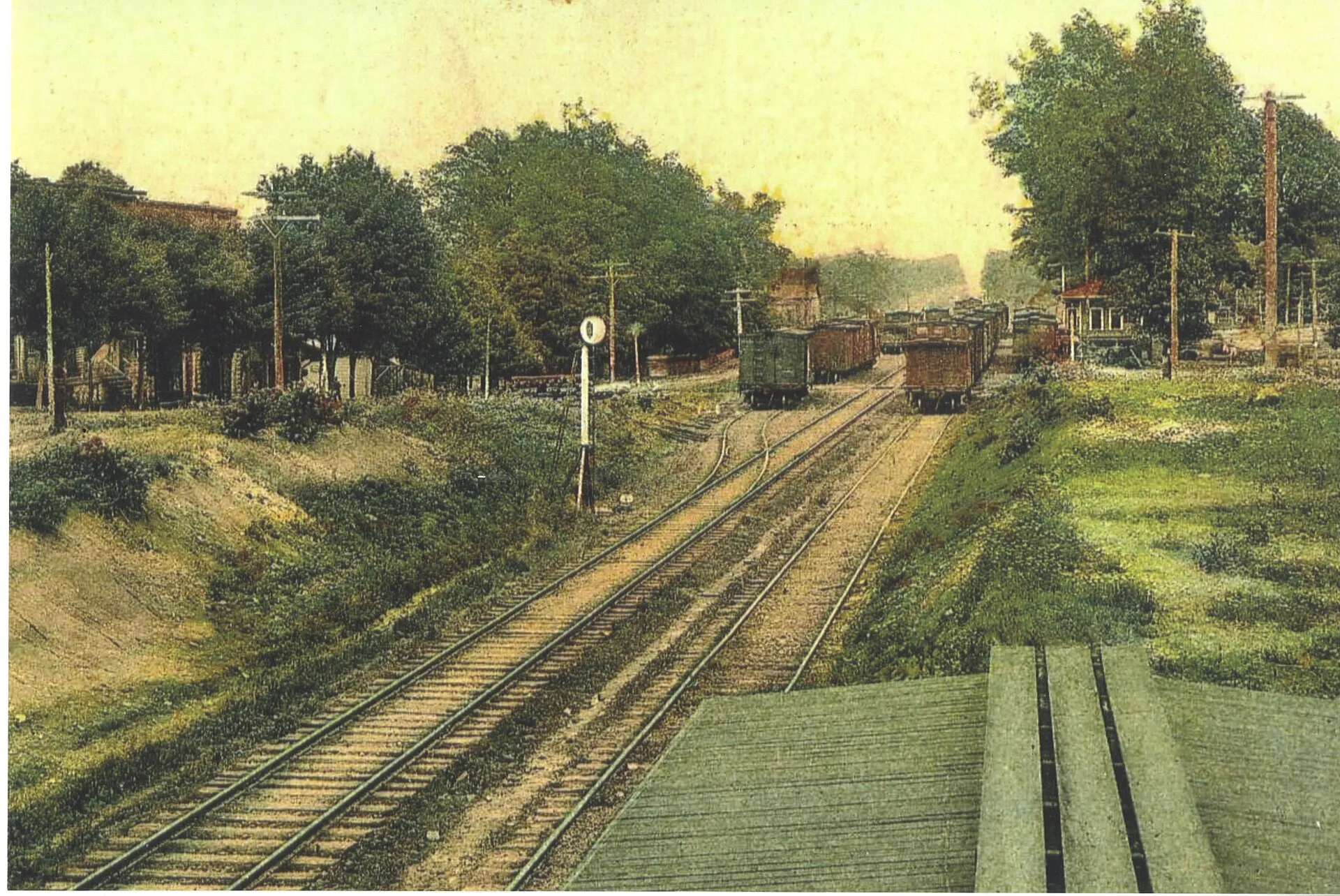 A 1908 postcard of the railroads and railroad station in Mebane.