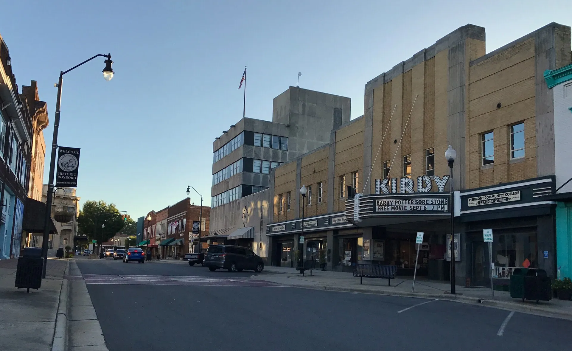 View of downtown Roxboro, with the Kirby theater on the right.