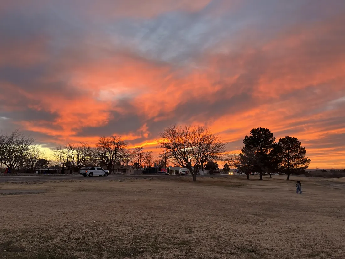 Sunset over open land in Anthony, Texas.