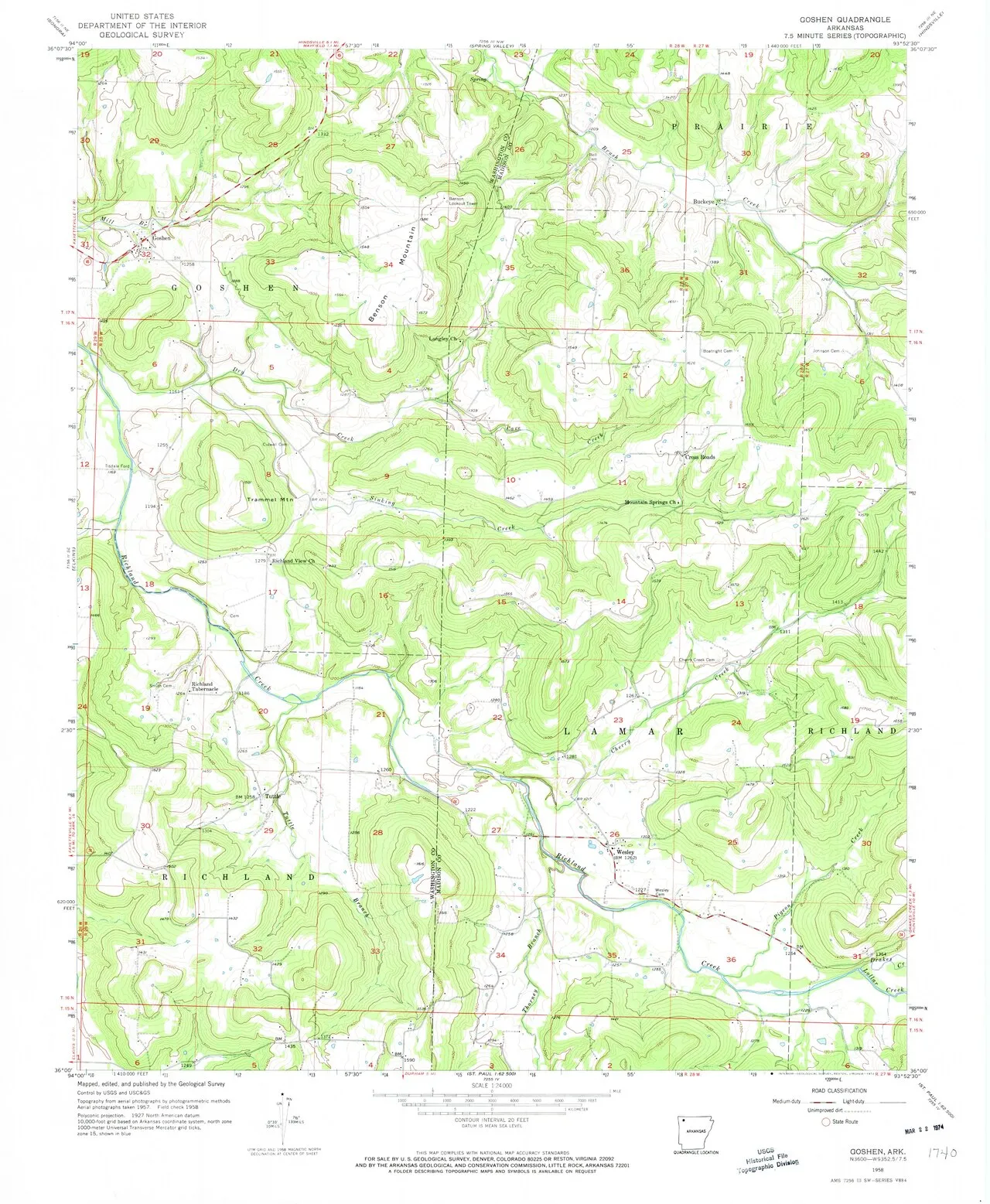 1958 U.S. Geological Survey topographic map of the Goshen, Arkansas quadrangle. (Local copy is a 1280px thumbnail.)