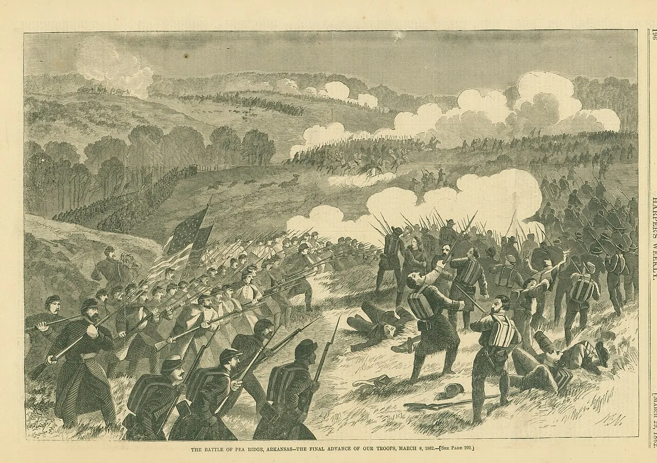 Print of a battle scene with Union troops charging up a hill and Confederate forces seemingly in retreat. "THE BATTLE OF PEA RIDGE, ARKANSAS - THE FINAL ADVANCE OF OUR TROOPS, MARCH 8, 1862." (Local copy is a 1280px thumbnail of the full-resolution original.)