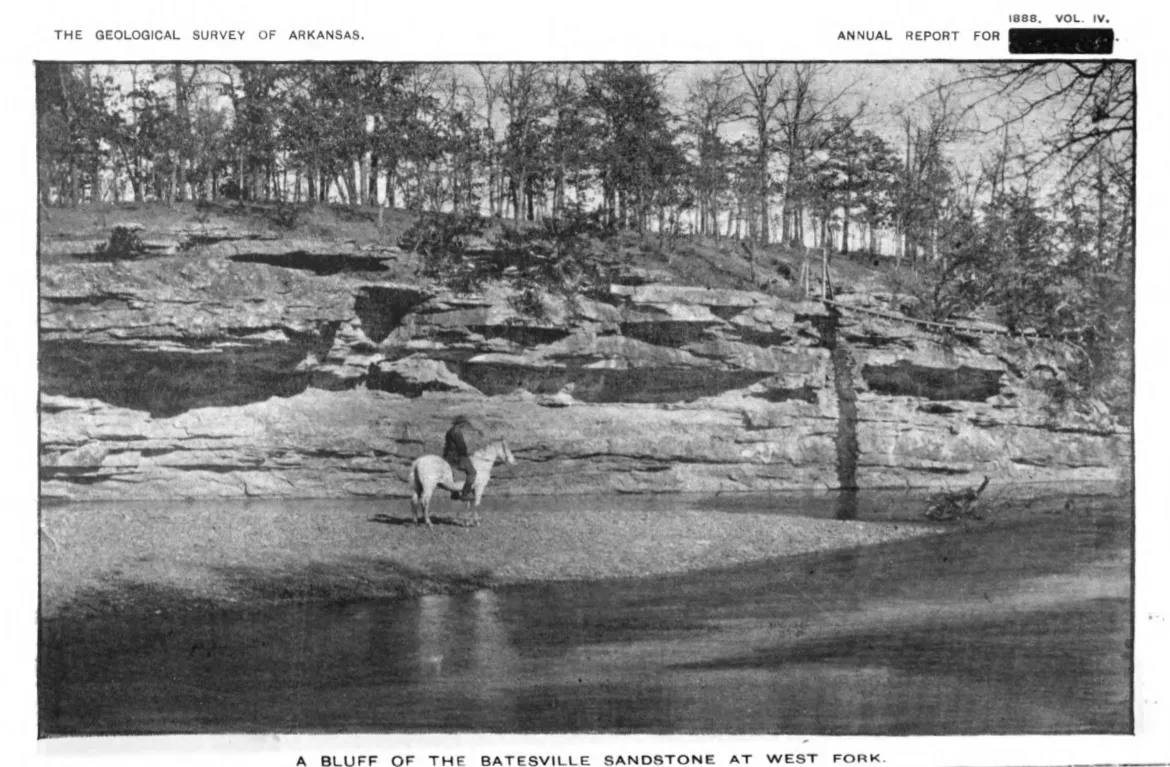 Photograph of the Wedington Sandstone Member on the bank of the White River at the town of West Fork, Arkansas (then mistaken to be Batesville Sandstone by Frederick Willard Simonds in 1891).