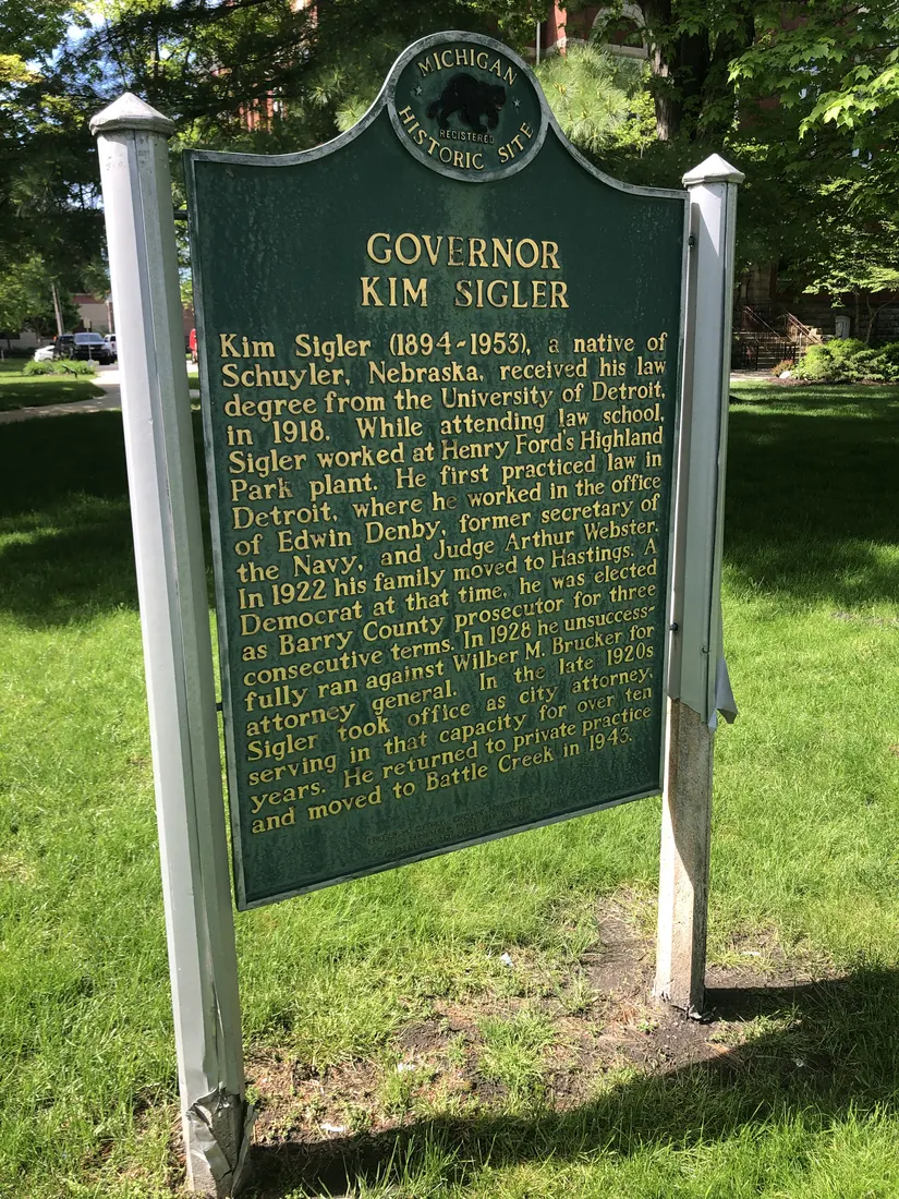 Governor Kim Sigler Historical Marker in Hastings, Michigan