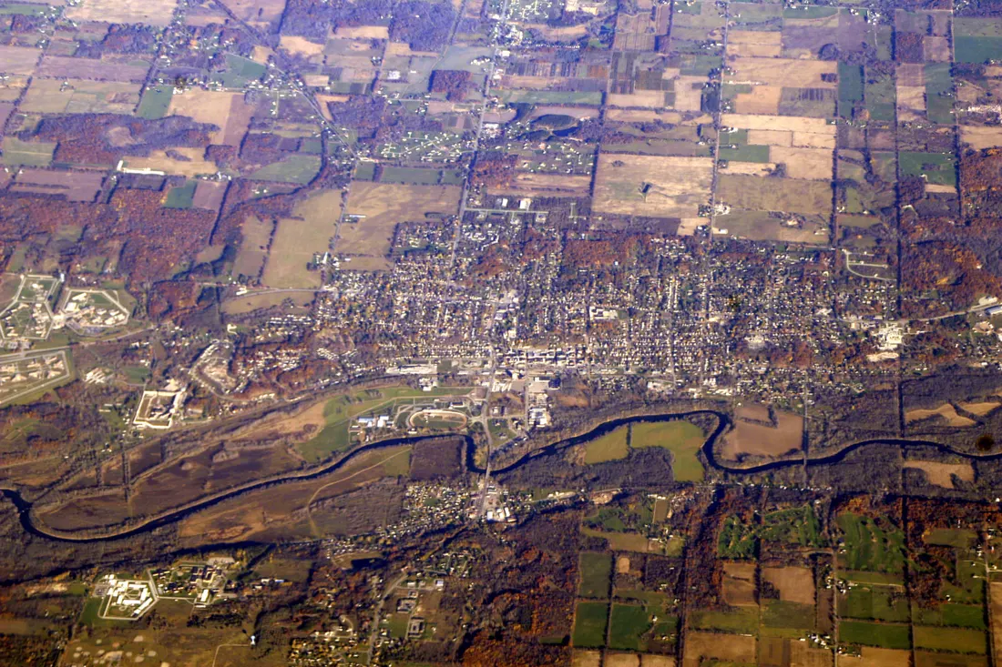 Aerial photo of Ionia, Michigan and the Grand River.