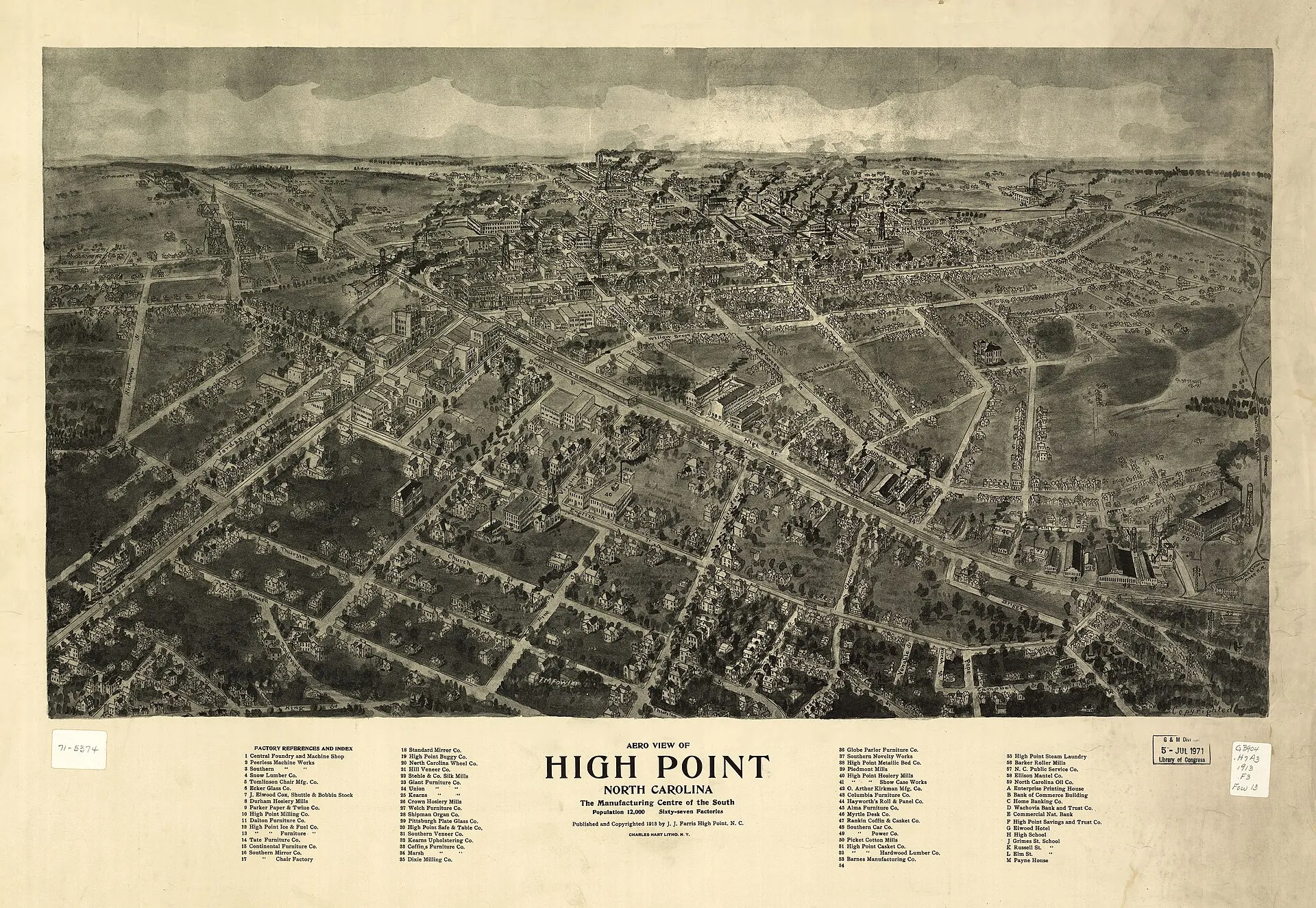 Perspective map not drawn to scale. Bird's-eye-view. "Published and copyrighted 1913 by J.J. Farris High Point, N.C." "Charles Hart Litho. N.Y." LC Pa