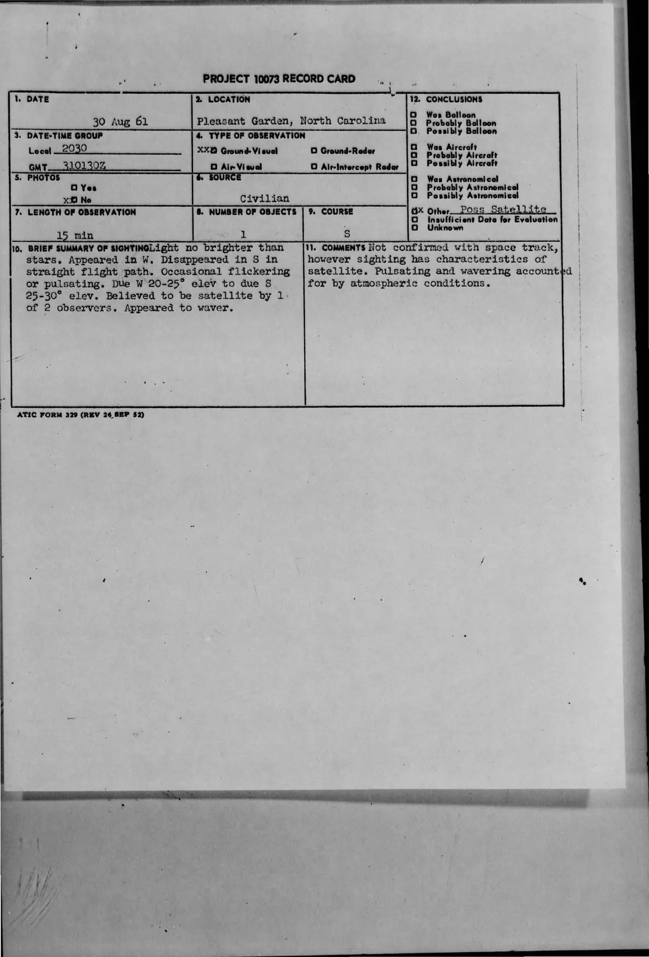 Project Blue Book report - 1961-08-8300520-PleasantGarden-NorthCarolina, USA.