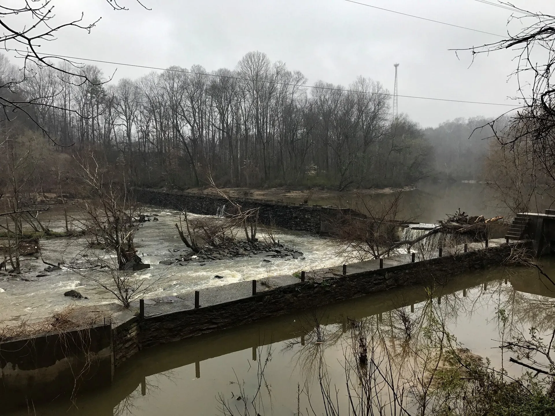 Stone dam along the Deep River in Ramseur, North Carolina near the Deep River State Trail
