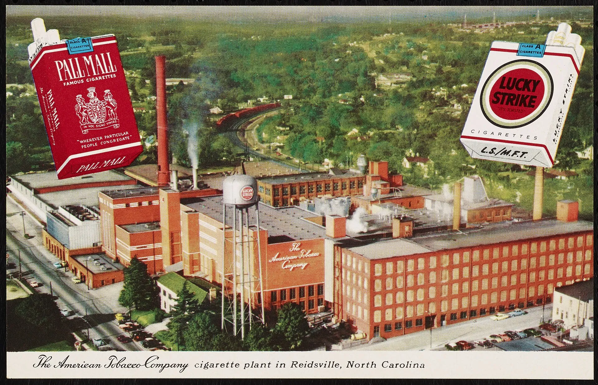 A postcard printed by the American Tobacco Company showing their cigarette plant in Reidsville, N.C. highlighting their signature brands Pall Mall and