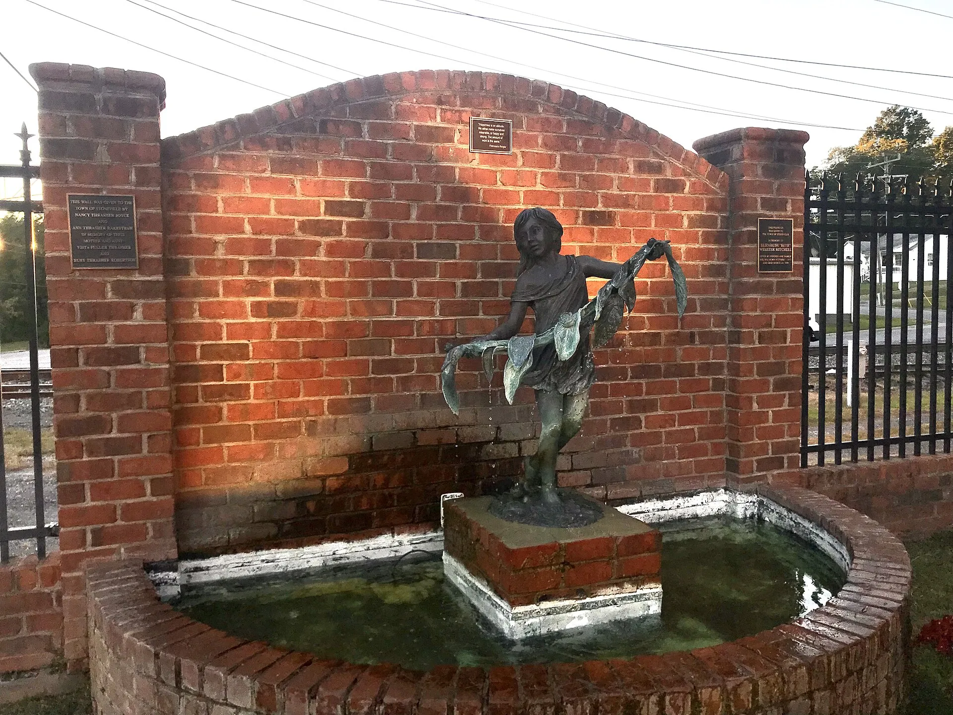 Memorial fountain at Friendship Park in Stoneville, North Carolina. Park is built on site of store destroyed in 1998 tornado. Fountain honors tornado