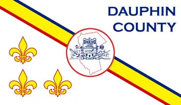 A white flag with a descending yellow diagonal, bordered blue above and red below, below three red-edged yellow fleurs-de-lys, above the county name in blue, and in the center a red ringed white disk, with the arms superimposed on a red outline of the county.