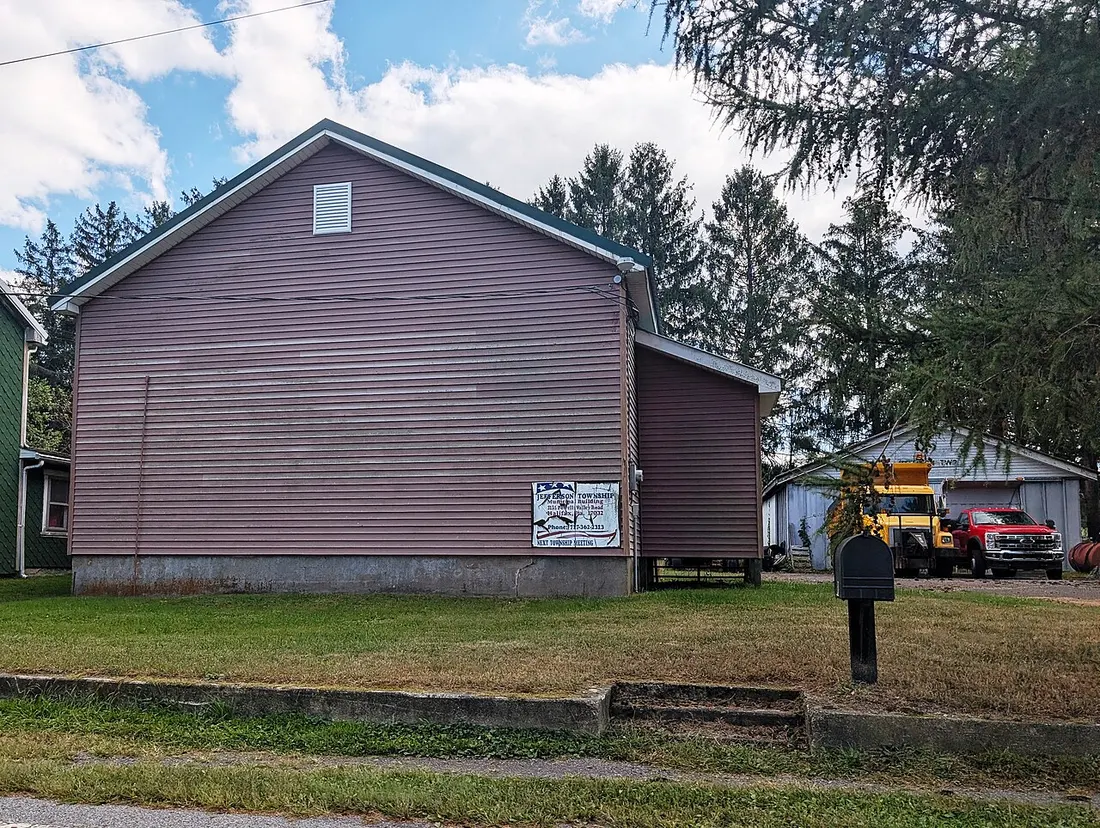Photo of the Jefferson Township, Dauphin County, Pennsylvania Municipal Building in the village of Carsonville. Photo taken from Powells Valley Road looking south-southeast.