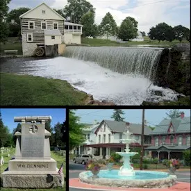 Newville montage — Laughlin Mill (top), William Denning Monument (bottom left), Fountain Square (bottom right).