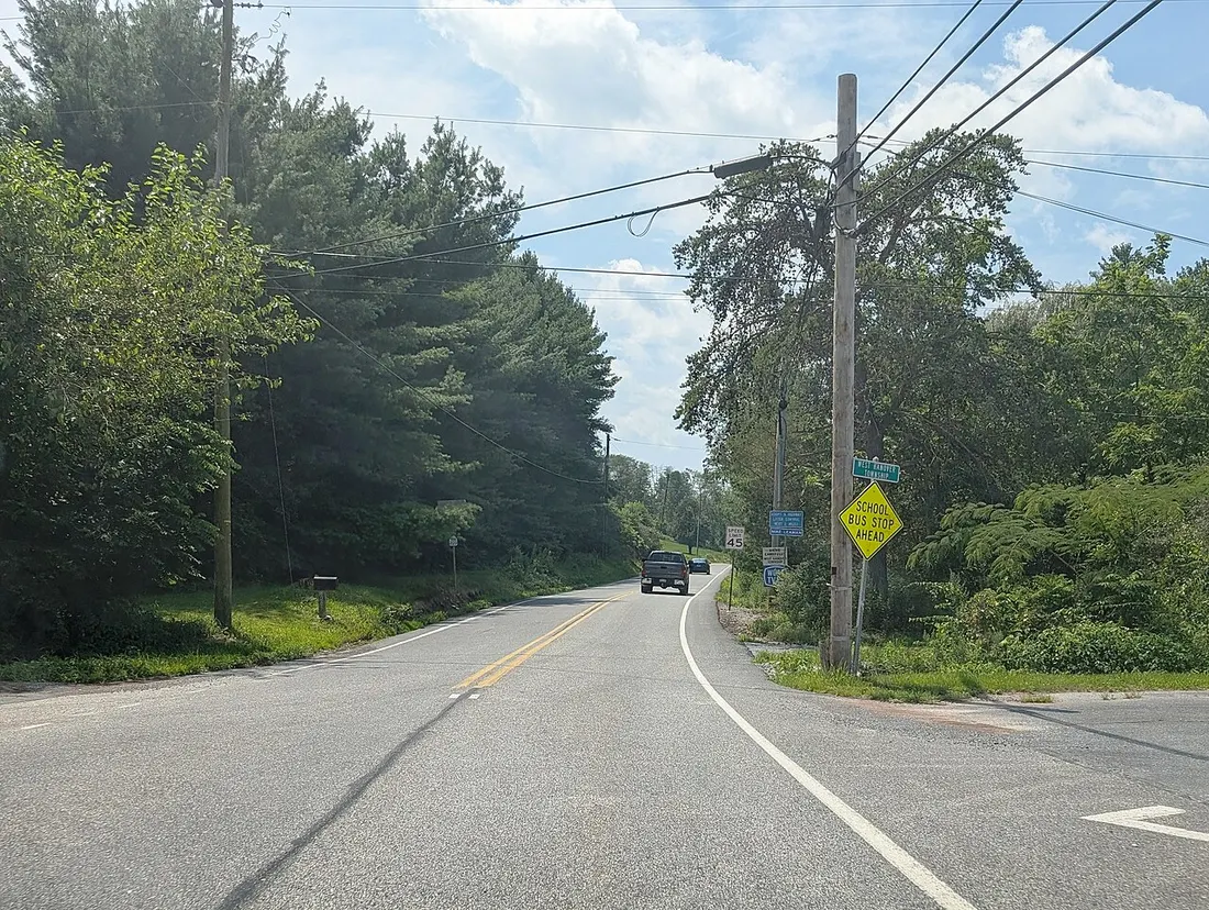 Photo of westbound Pennsylvania Route 443 (Mountain Road) entering West Hanover Township from East Hanover Township, Dauphin County, Pennsylvania. Photo taken looking west at Appleby Road.