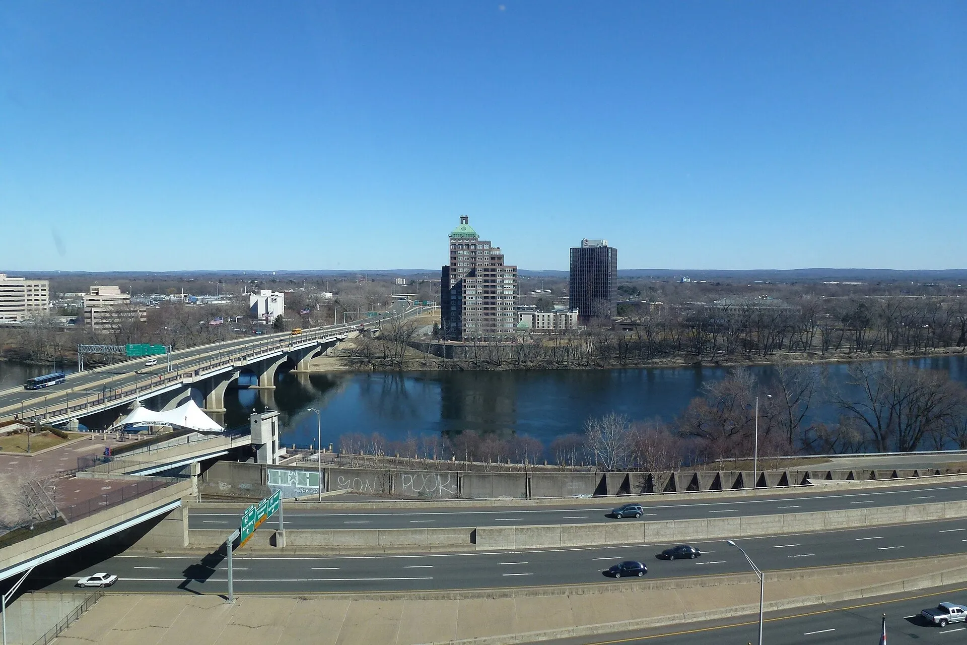 View of the Connecticut River and Founders Bridge from the Connecticut Science Center area.