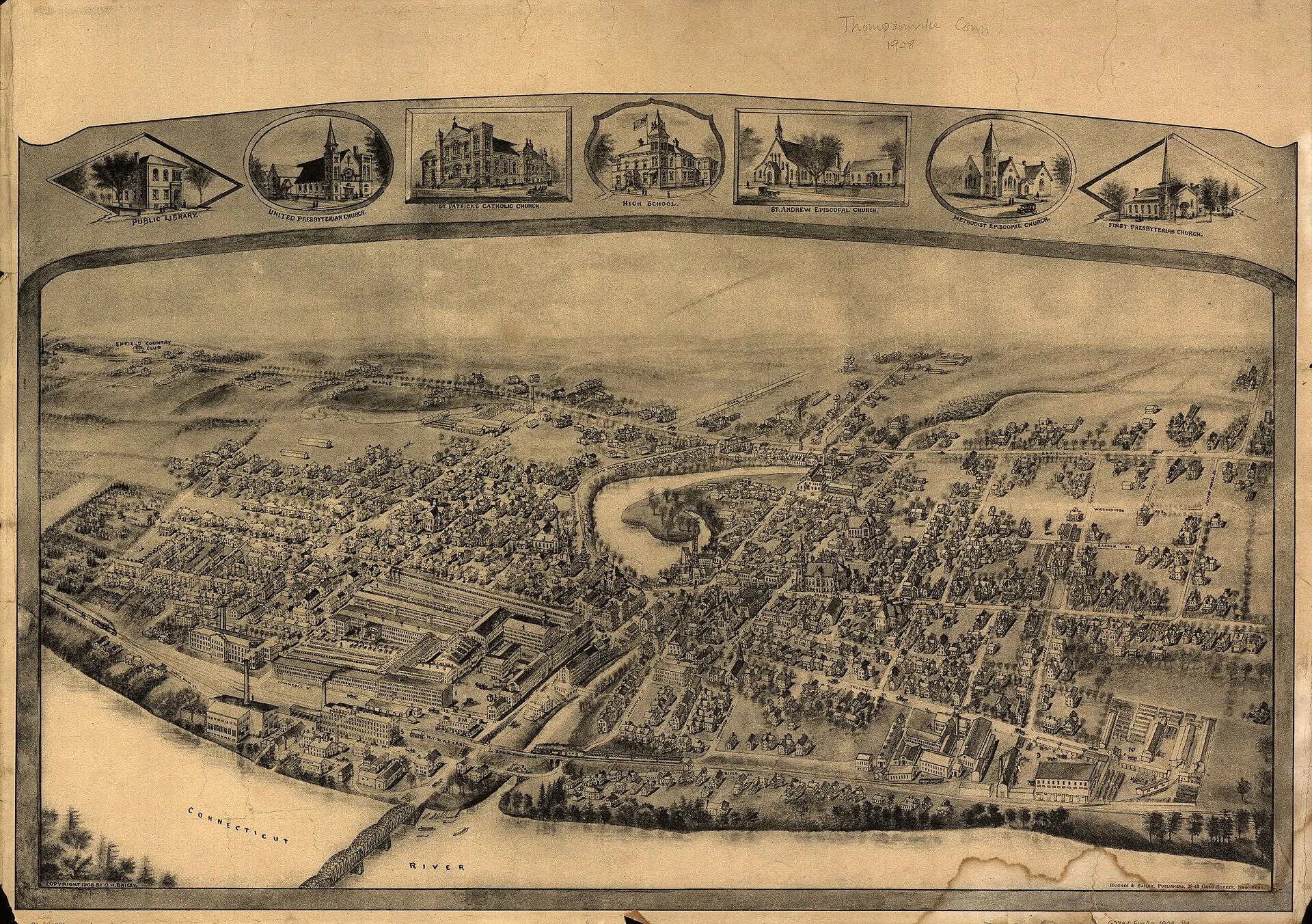 Bird's-eye view of Thompsonville (now Enfield), historic print.