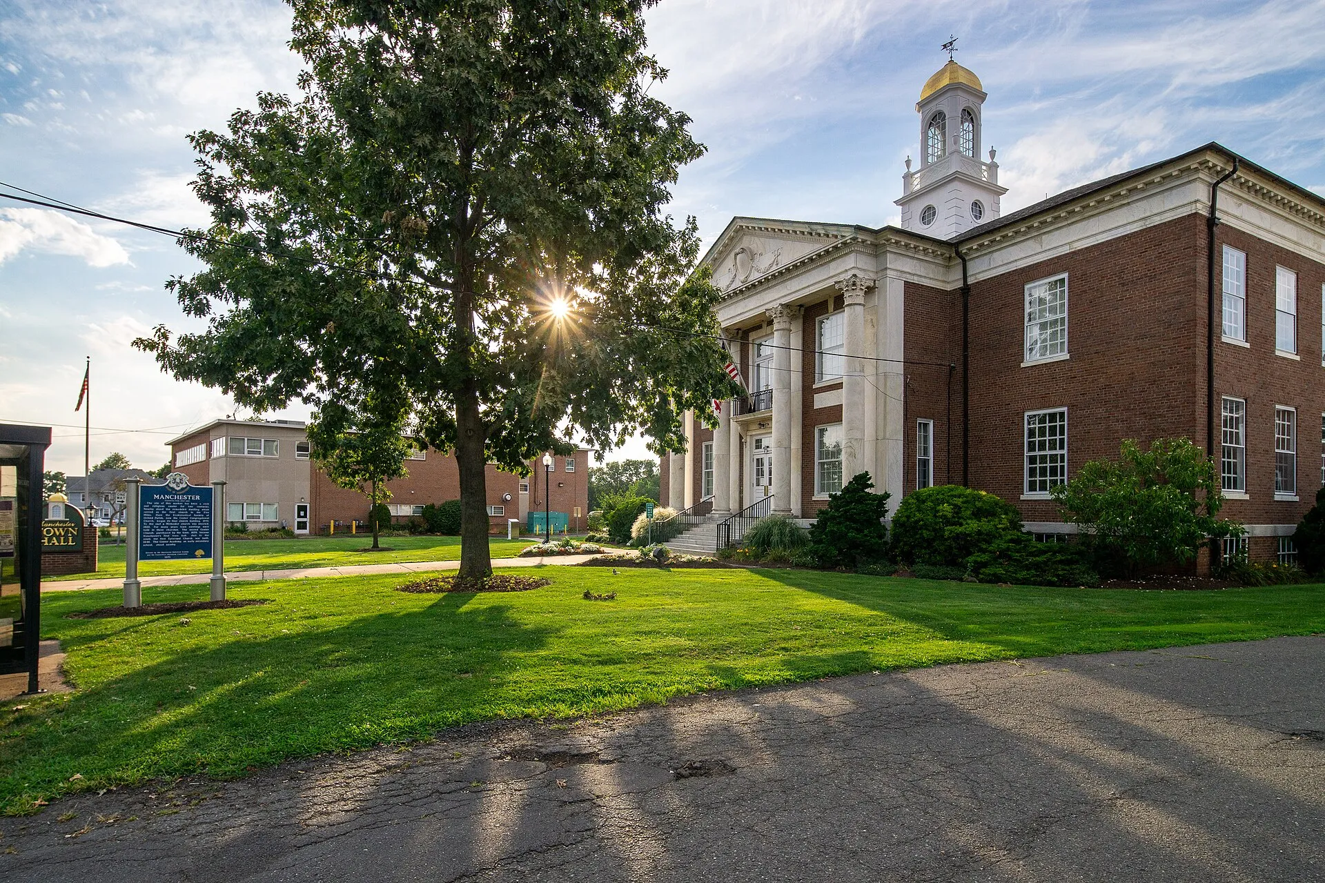 Manchester, Connecticut Town Hall at sunset.
