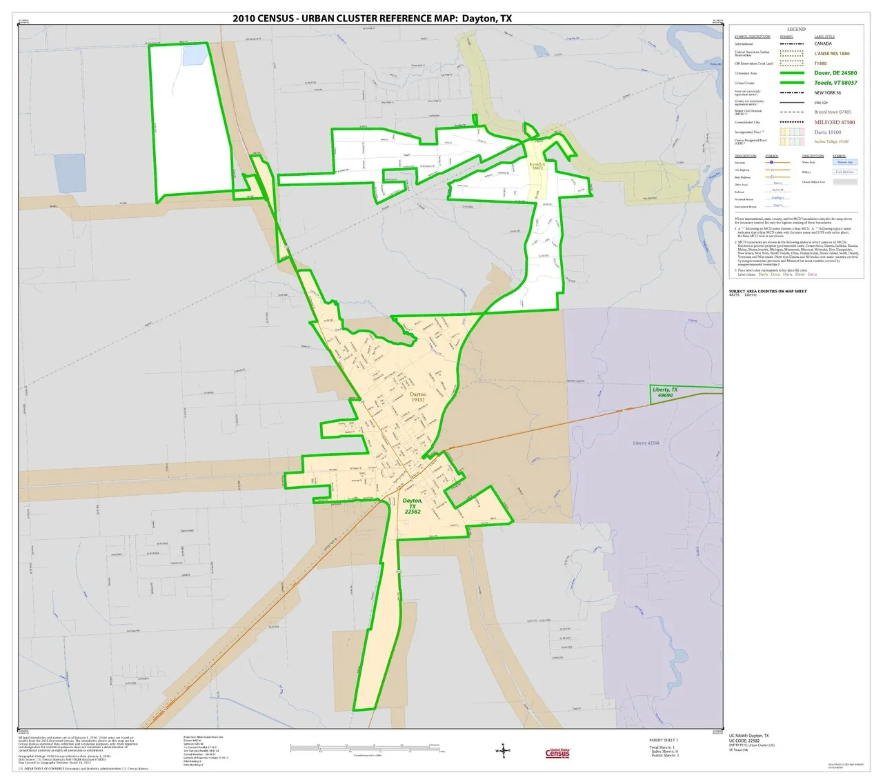 2010 Census urban-cluster reference map for Dayton, Texas
