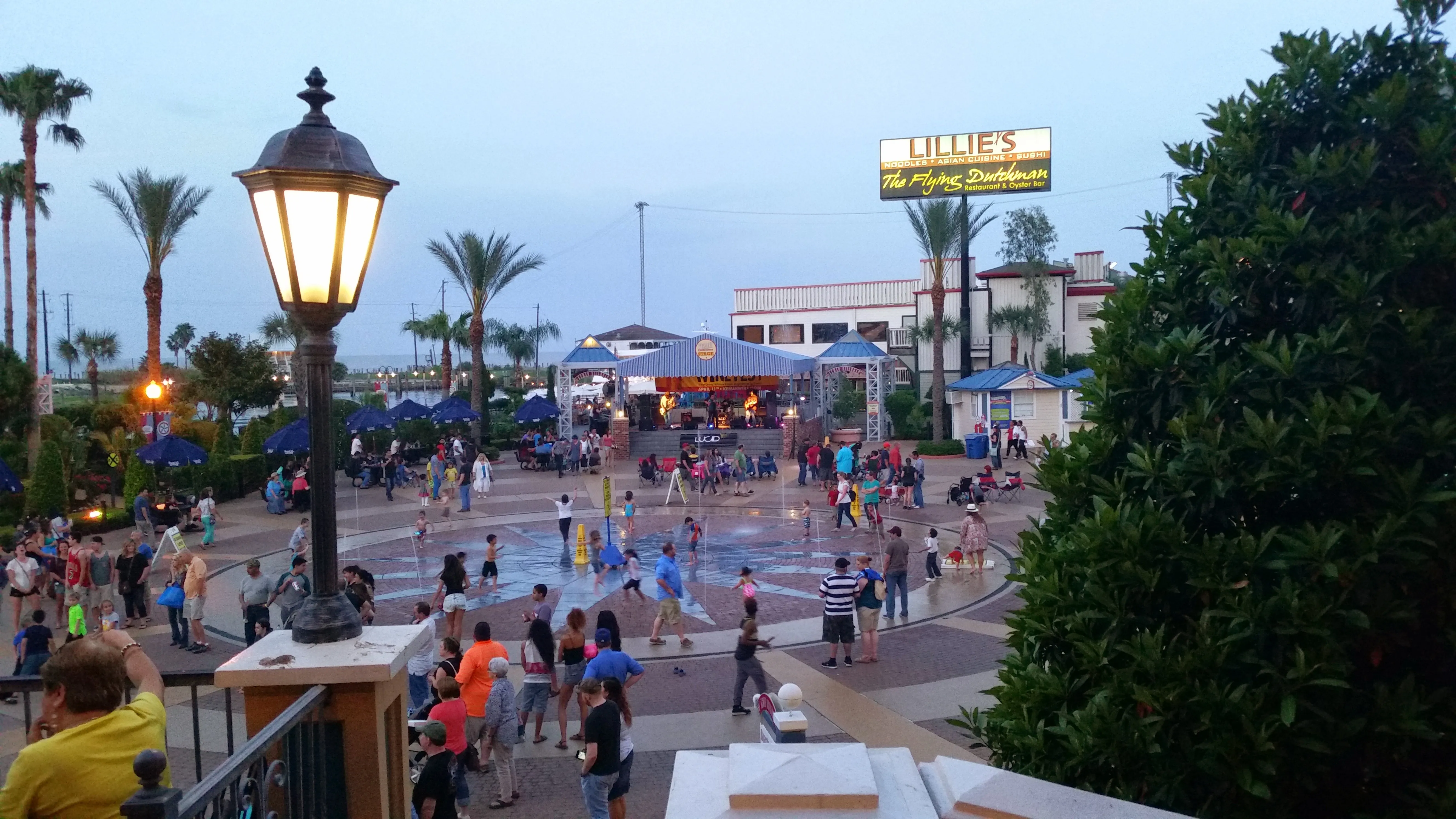 Kemah Boardwalk plaza and waterfront at dusk (visually confirmed)