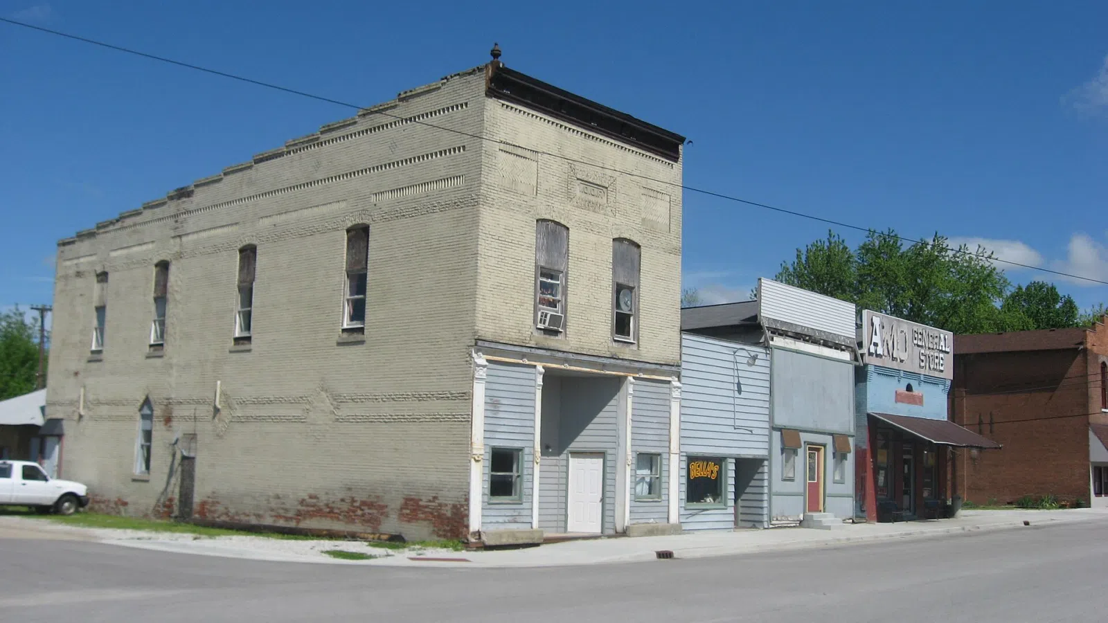 Buildings on the western side of Pearl Street in downtown Amo, Indiana, United States.