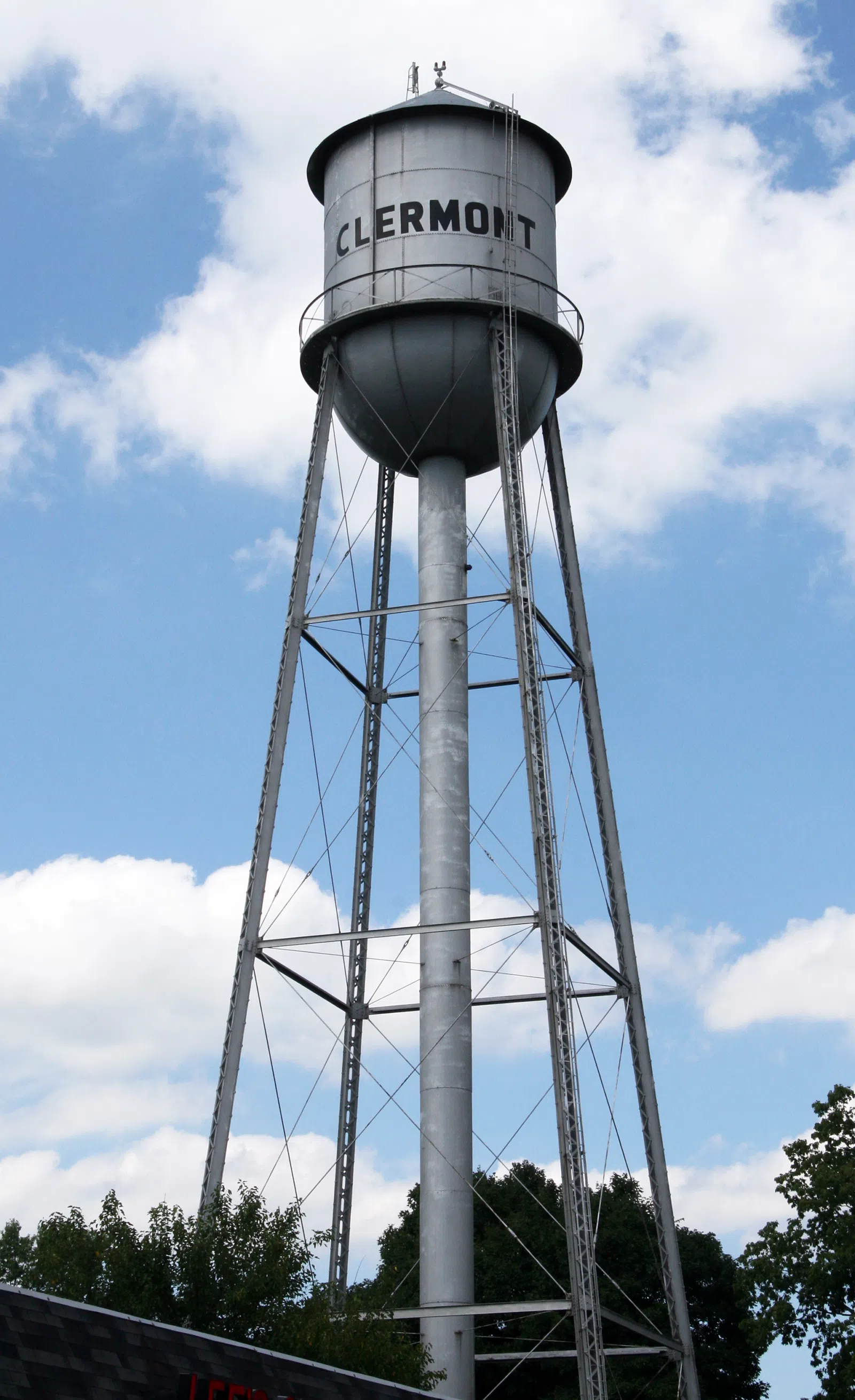 The water tower in Clermont, a town in western Marion County, Indiana.