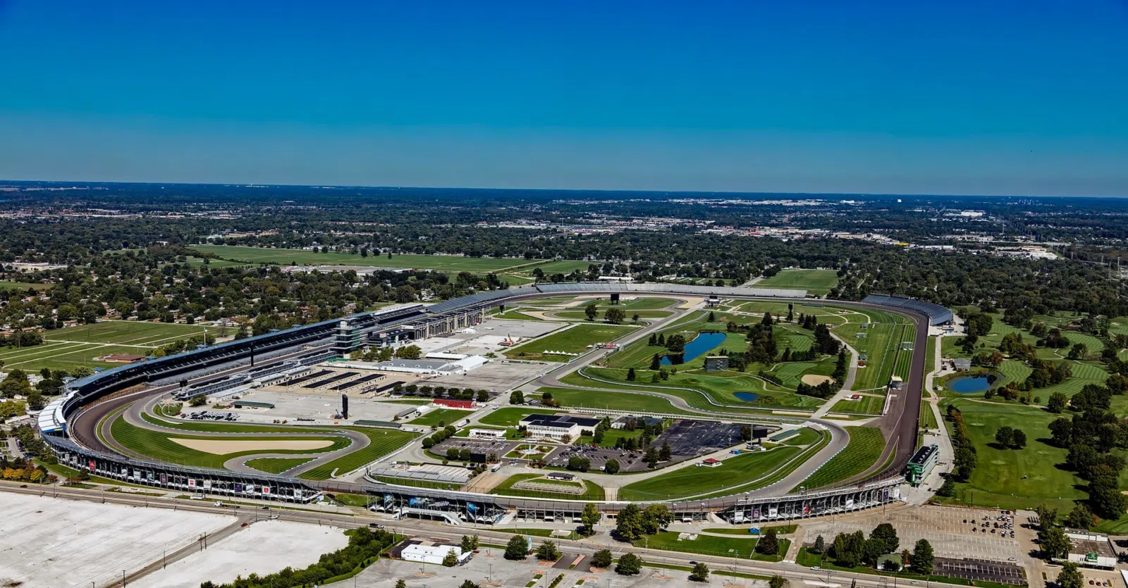 Nearby Indianapolis landmark: Aerial of Indianapolis Motor Speedway complex looking north. West 16th Street is in the foreground.