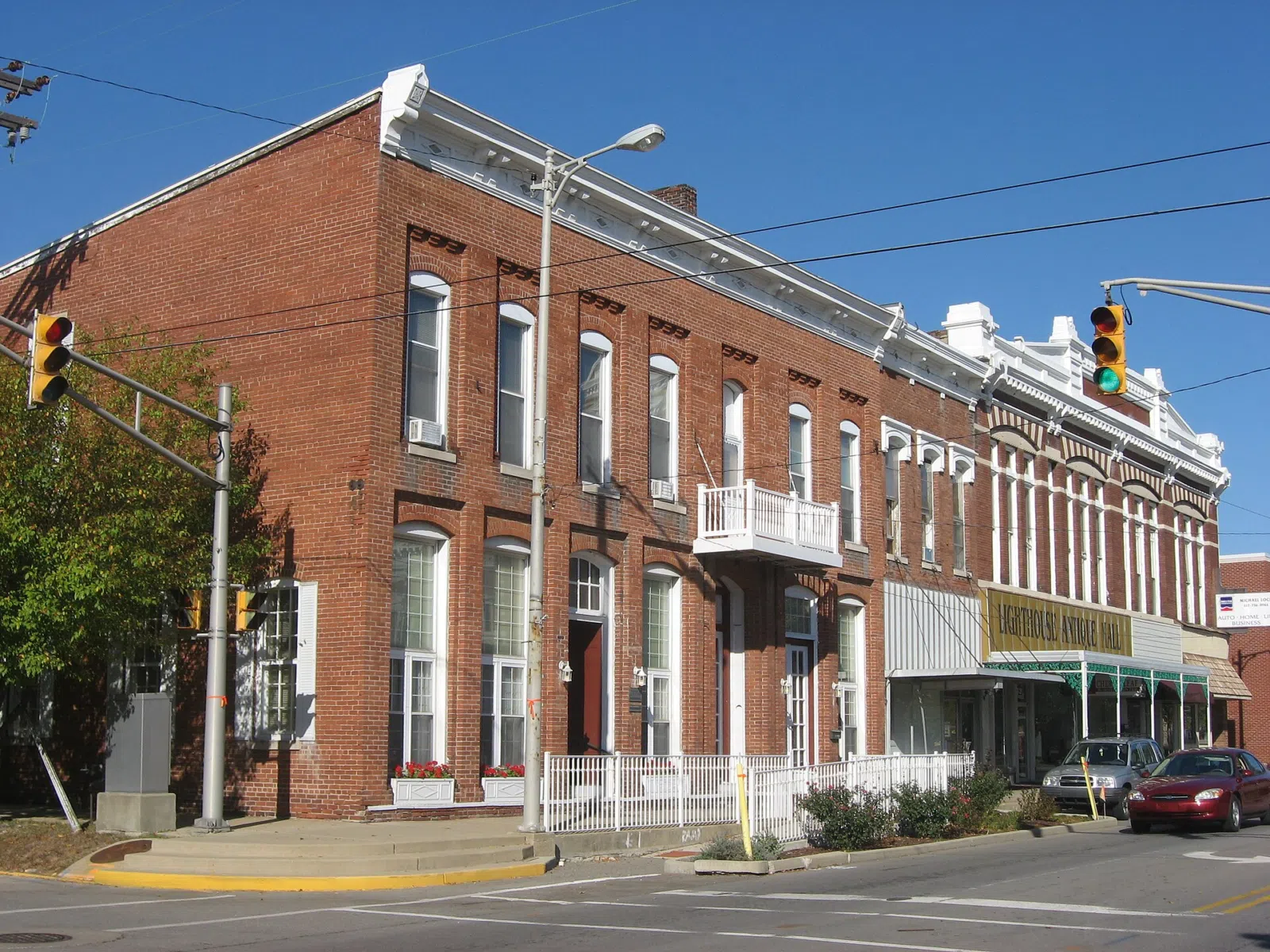 Buildings at the junction of Jefferson and Jackson Streets in downtown Franklin, Indiana.