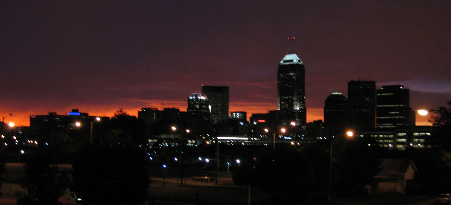 Nearby Indianapolis landmark: Indianapolis, Indiana, skyline at night.