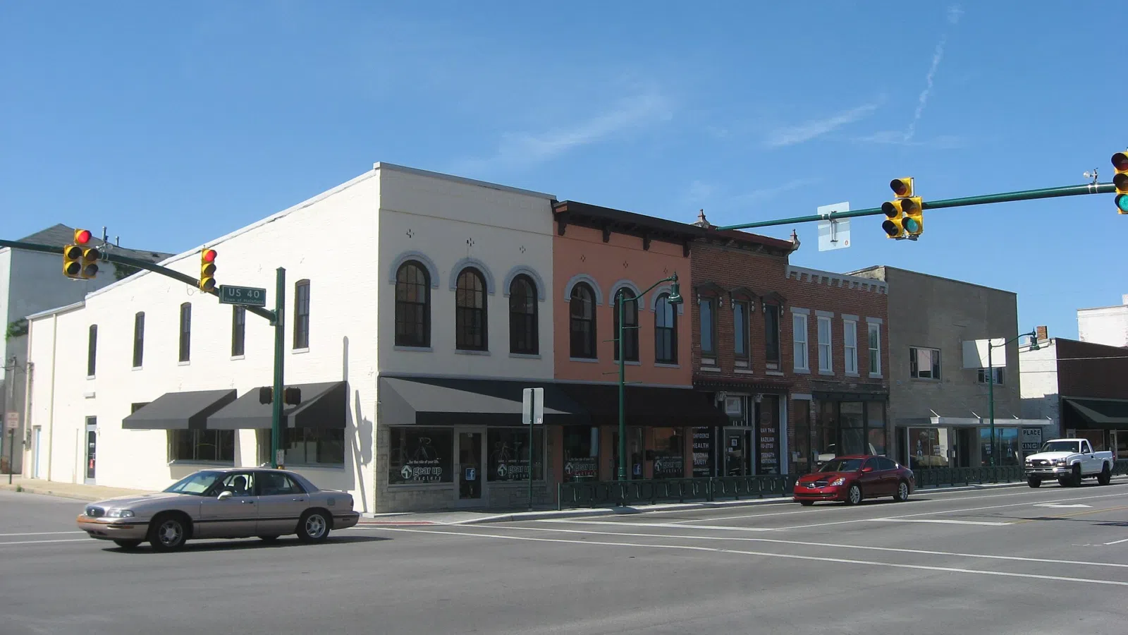 Buildings on the northern side of Main Street (U.S. Route 40) just east of its intersection with Center Street in downtown Plainfield, Indiana,…