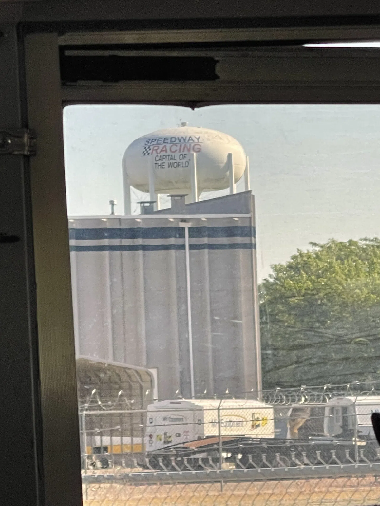 The Speedway, Indiana, water tower as seen from the Indy 500 shuttle.