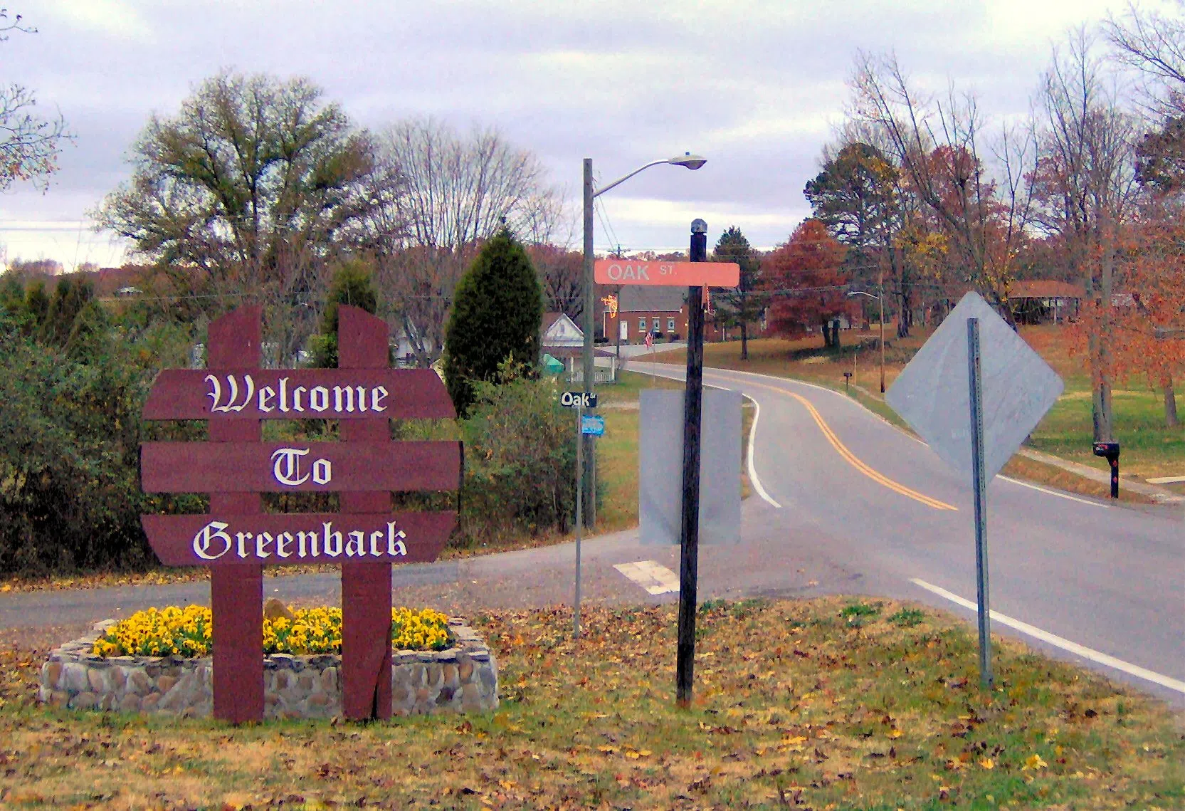 Welcome sign along Morganton Road in Greenback, Tennessee