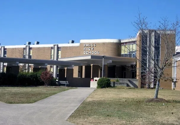 The main entrance at Halls High School in the Halls community of Knox County, Tennessee