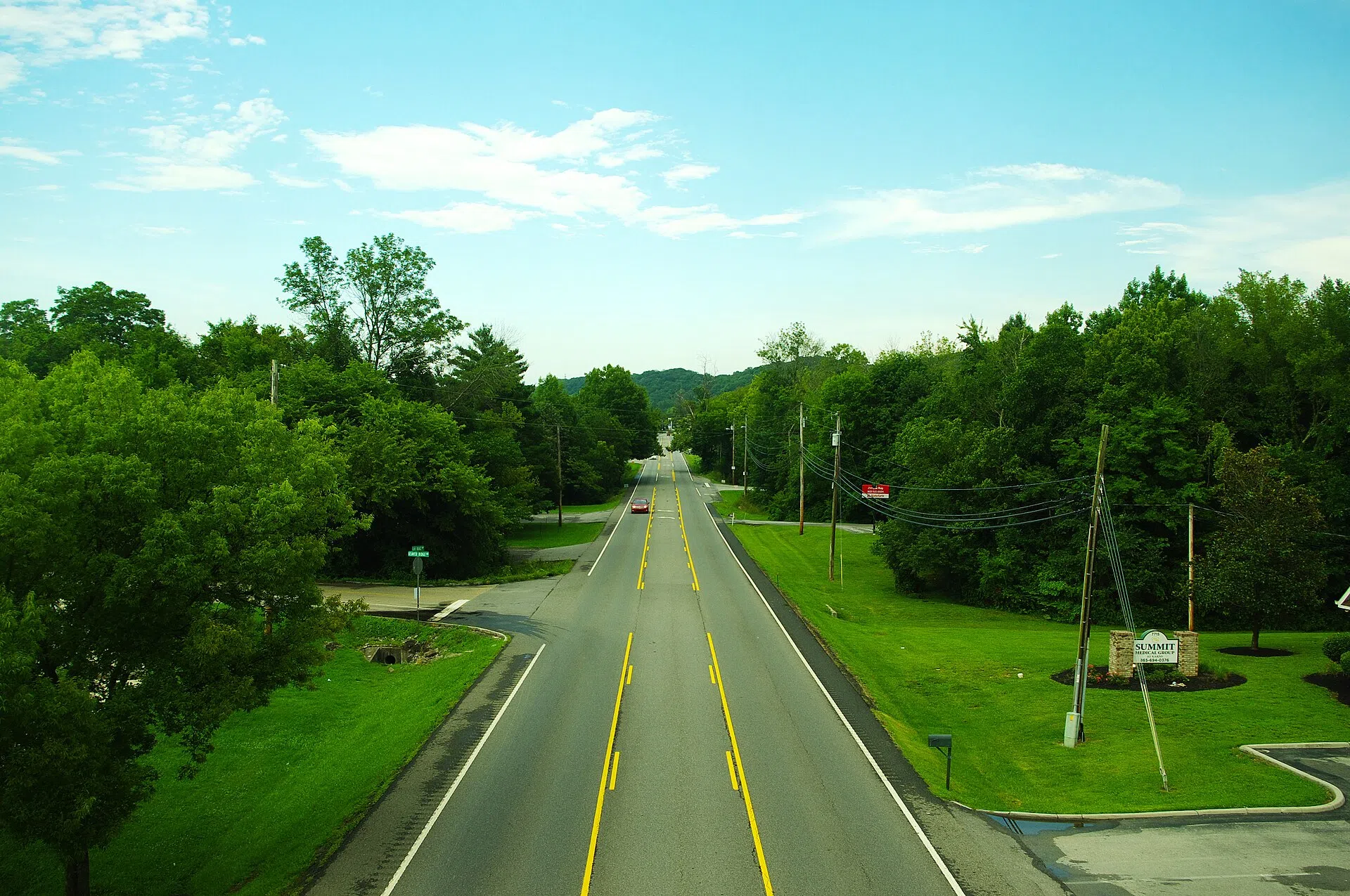 Oak Ridge Highway (TN-62) through Karns, looking east from the pedestrian bridge at the Karns schools