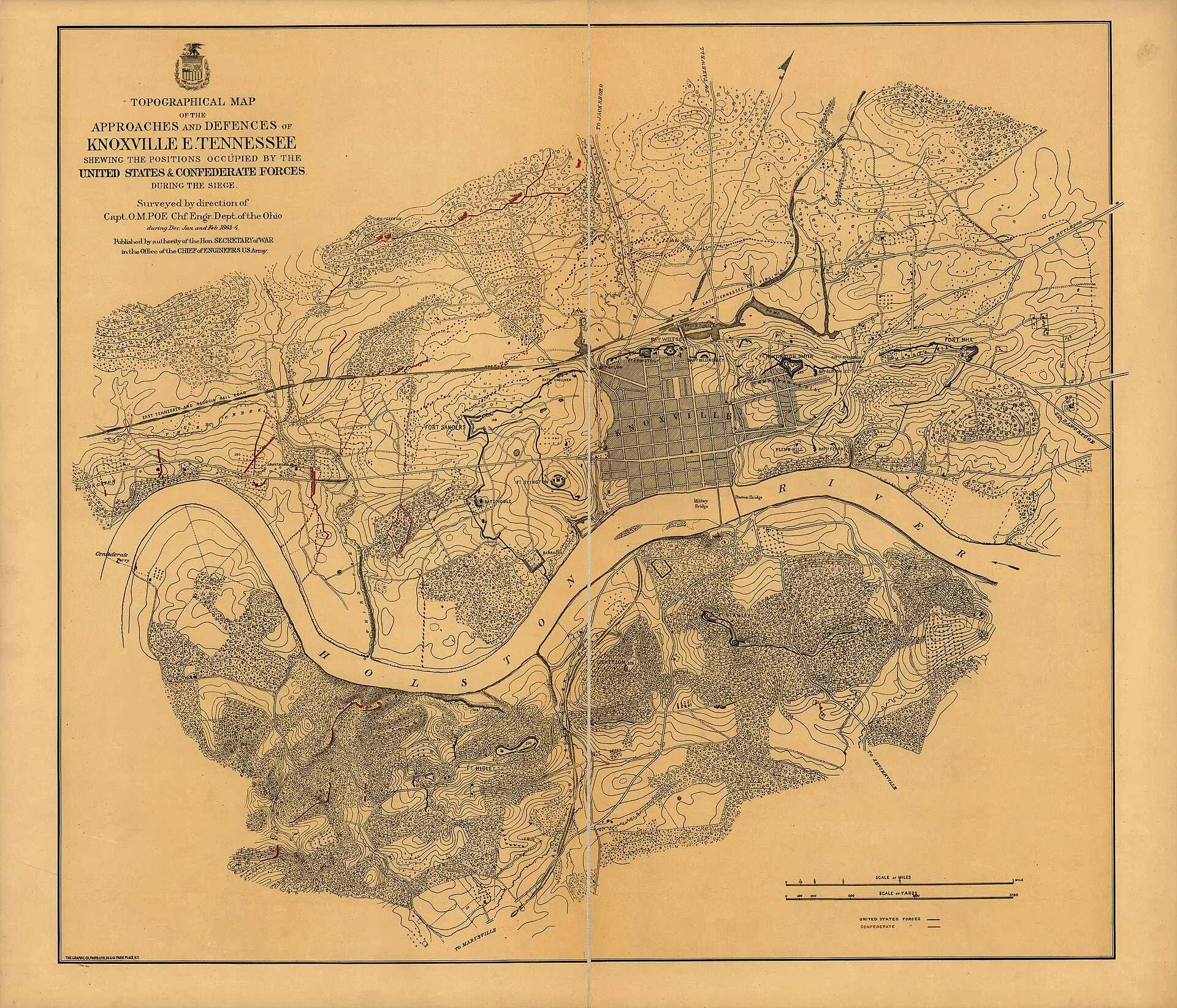 Scale ca. 1:9,900. LC Civil War Maps (2nd ed.), 427 Union and confederate positions shown by the colors blue and red respectively