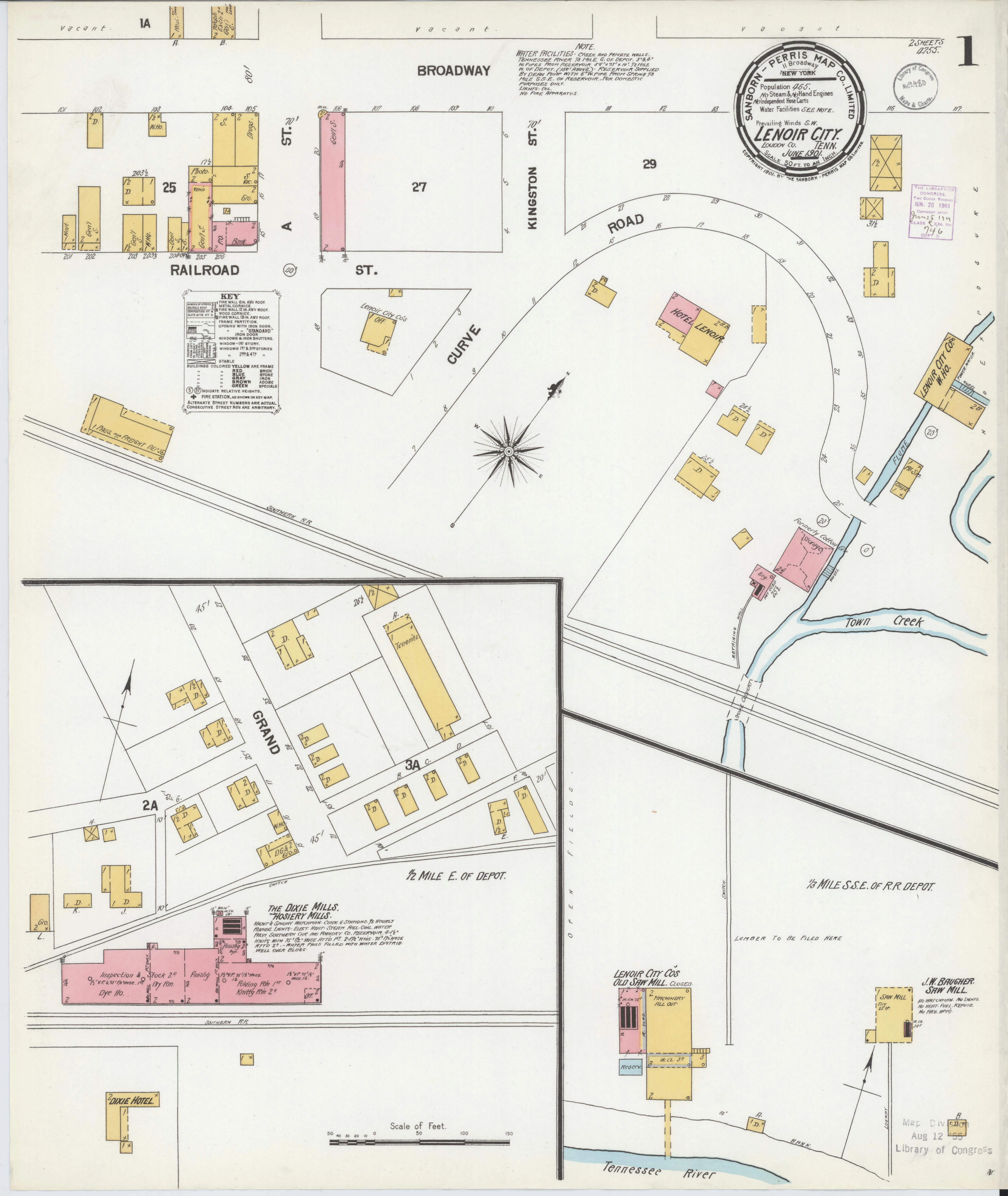 1901 Sanborn fire insurance map of Lenoir City, Loudon County, Tennessee (Plate 1)