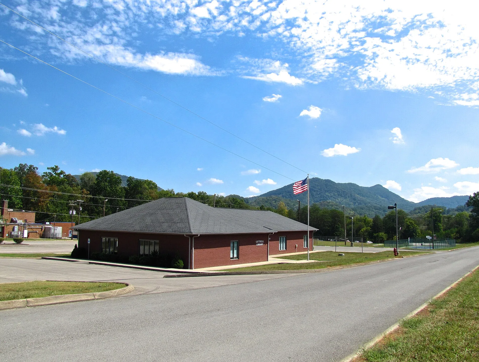 Luttrell Library in Luttrell, Tennessee, with Clinch Mountain in the background