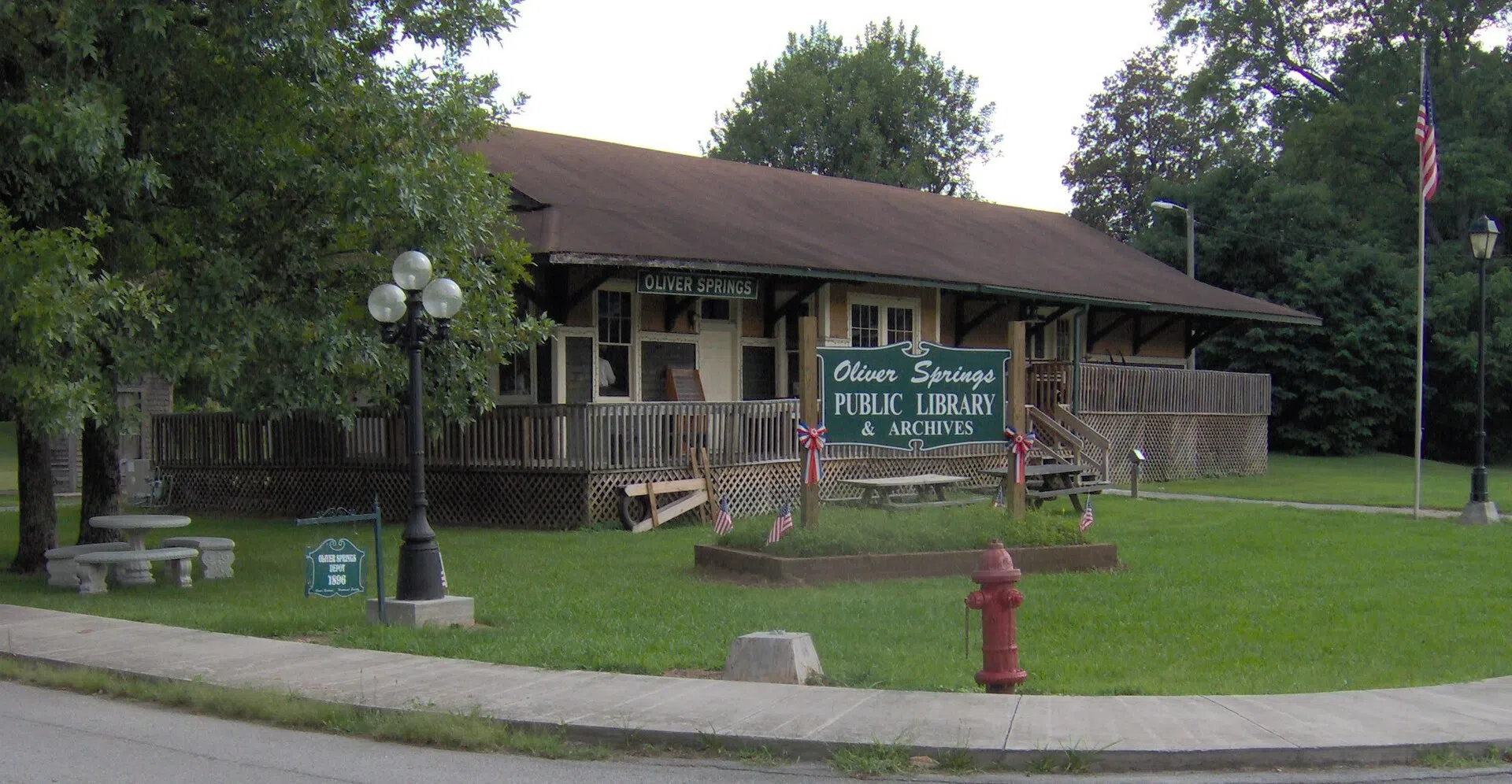 The Oliver Springs Depot (built 1896; now the public library) in Oliver Springs, Tennessee