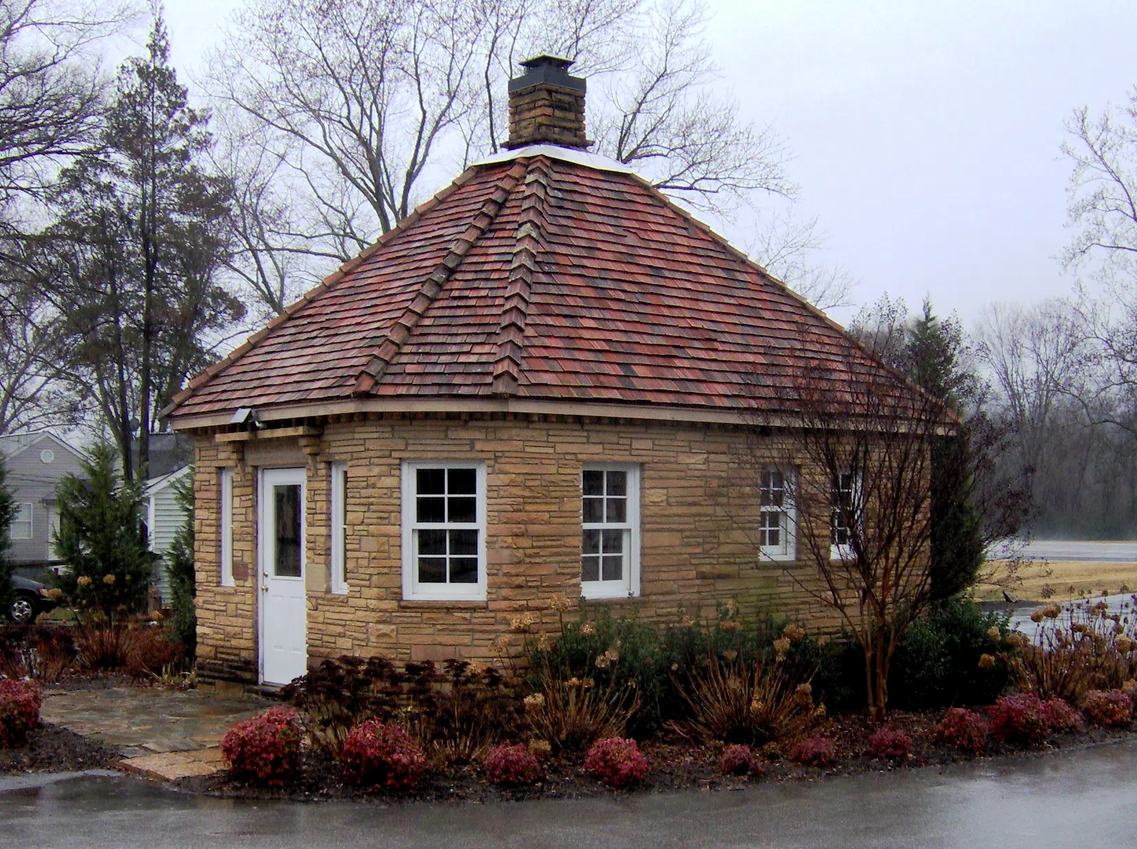 The NRHP-listed Tennessee Highway Patrol Building in Rockwood, Tennessee (built of native Crab Orchard stone in the 1930s)