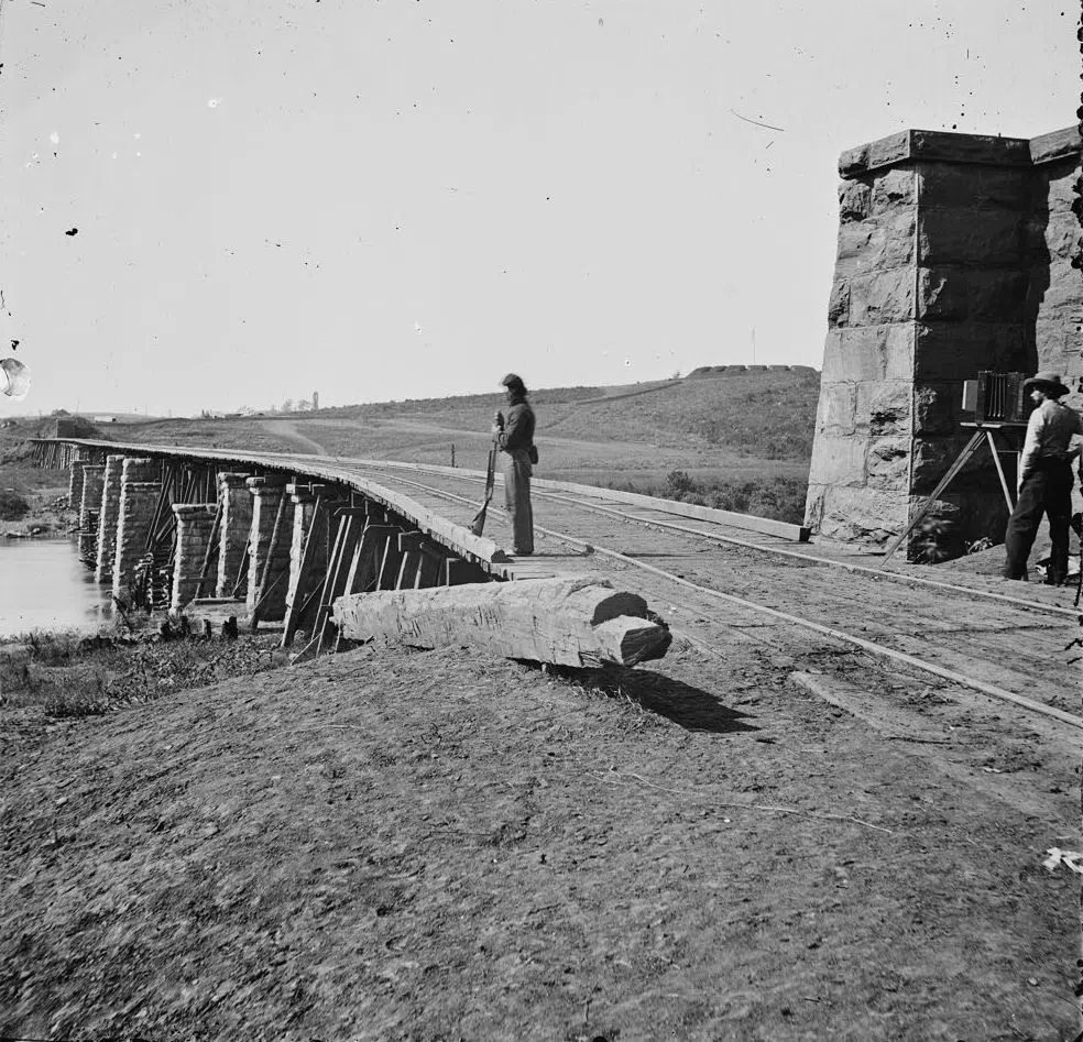 A Union sentry guards the railroad bridge over the Holston River at Strawberry Plains, Tennessee, during the Civil War (1863)