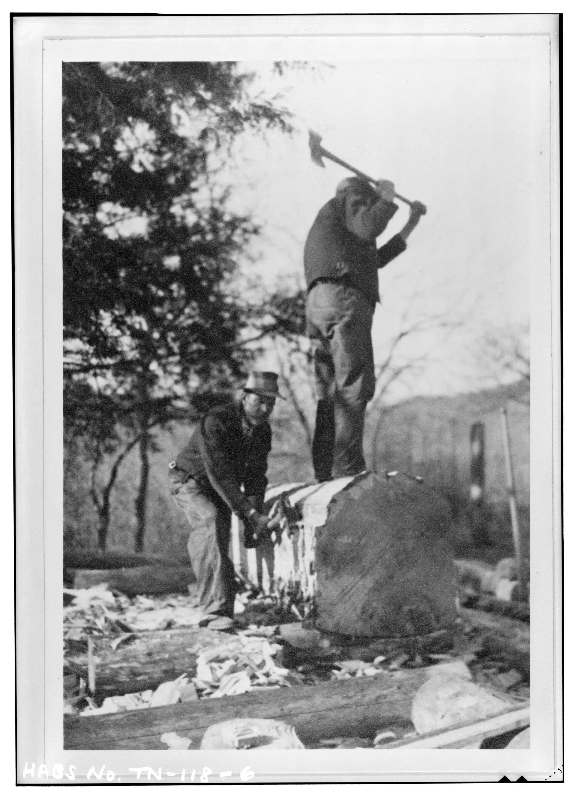 Restoration of the water-wheel shaft at the John Cable Mill, Townsend, Tennessee (HABS photograph)