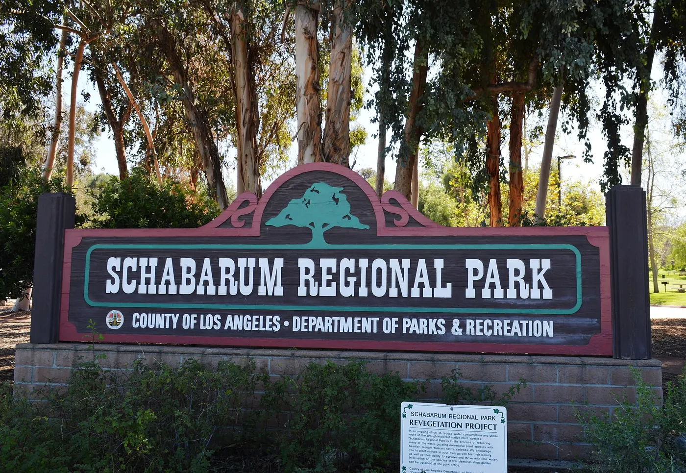 Park sign for Schabarum Regional Park — in Rowland Heights, eastern Los Angeles County, California