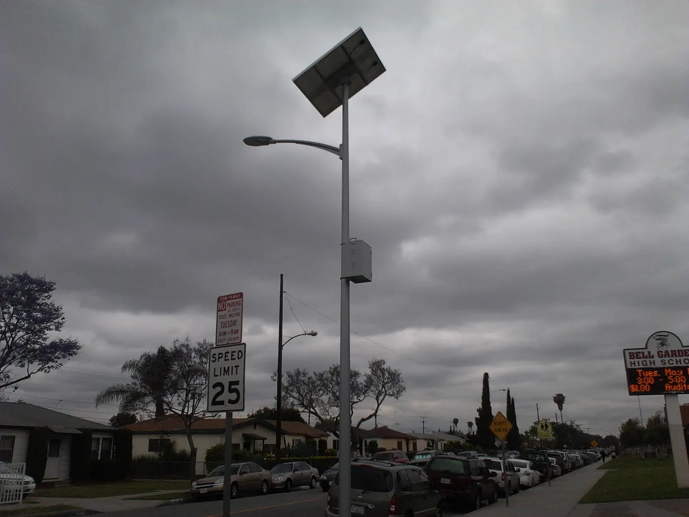 The Supera Series solar lights are installed along a street at the Bell Garden High School. The customer wanted to provide safety to students and teachers passing the street in the night and at the same time show their c