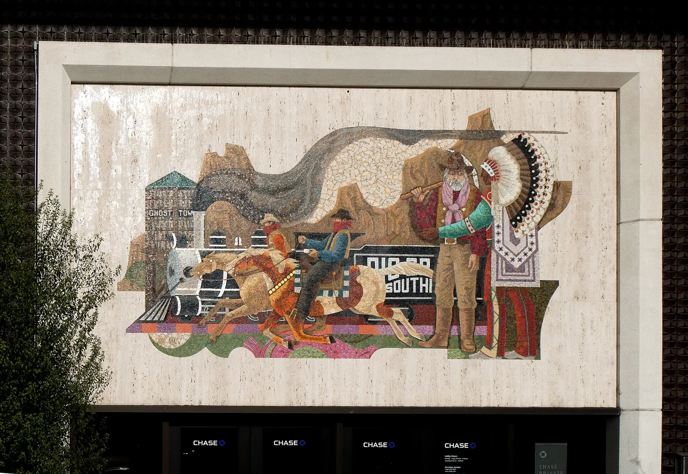 Western Theme Mosaic on Chase Bank, 7964 Beach Blvd, Buena Park, California. Robbers, locomotive, Indian, miner, Ghost Town, Big Southern.