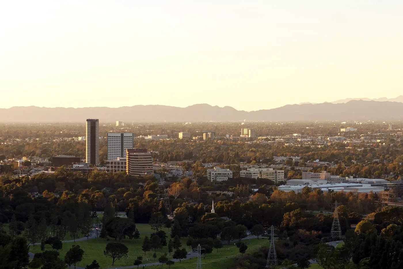 The Burbank media district, view from Griffith Park, with Forest Lawn Memorial Park in the foreground