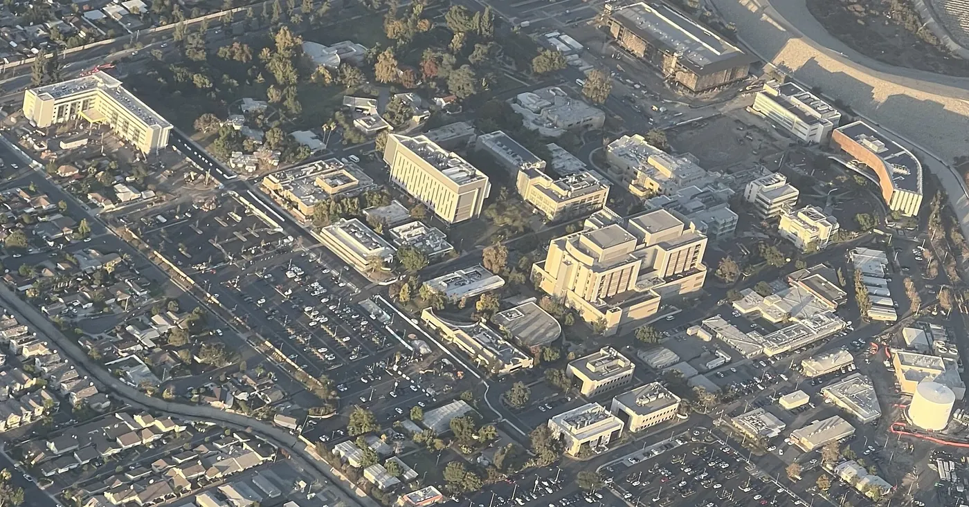 Aerial view of City of Hope campus in Duarte, California as of 2021