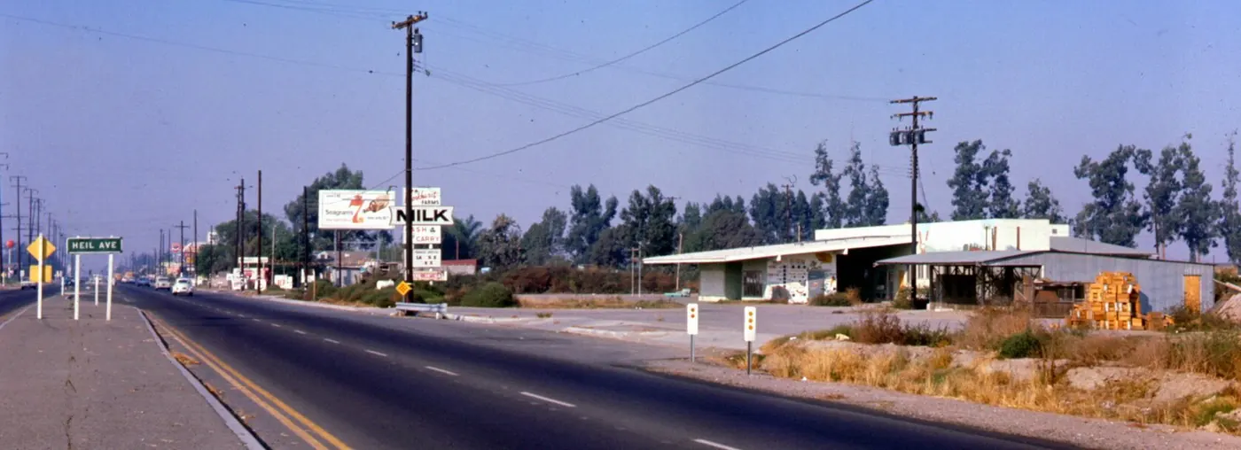 The Brookhurst Dairy and other businesses can be seen. There are no known copyright restrictions on this image. All future uses of this photo should include the courtesy line, "Photo courtesy Orange.