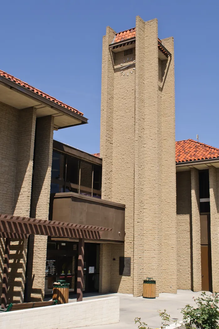 Entrance to the Glendora Public Library with the Civic Center clock tower