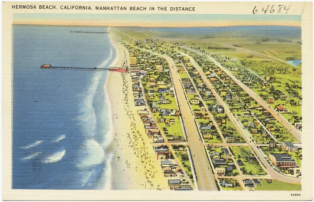Vintage 1940s aerial postcard of Hermosa Beach with Manhattan Beach in the distance